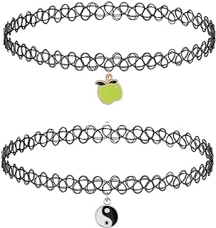 Vibrant 4pc BodyJ4You Choker Necklace Set with Apple & Yin Yang Pendants on Durable Cable Chain - Stretchable, Stylish & Versatile Accessory for Women, Teens & Kids