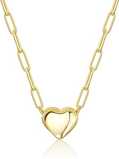 Puffy Heart Necklace 14K Gold Plated on Stainless Steel Paper Clip Chain | Shinny Or Brushed Finish Cute Heart Necklaces Gifts for Women Teen Girls 16 + 2 inches…