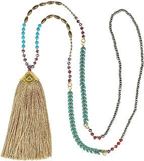 KELITCH Beaded Tassel Necklace with Synthetic Turquoise Bead Chain for Women, No-Clasp Design