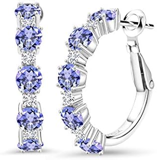 925 Sterling Silver Hoop Earrings for Women with Brilliant Lab Grown Diamond & Vibrant Blue Tanzanite, Featuring Secure Lever Back & 1 Inch Diameter Round Design