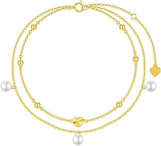 SISGEM 14K Real Gold Heart-Shaped Women's Anklet with Dangling Pearls, Beach Themed Double Link Yellow Gold Ankle Jewelry, Adjustable 8"+2" with Lobster Claw Clasp, Ideal Gift for Her