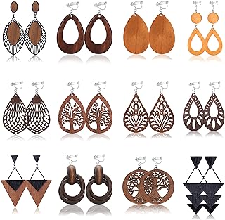 12 Pair Set of SAILIMUE Wooden Clip-On Earrings with Alloy Back Finding and Dangle Design, Adorned with Cubic Zirconia for Women - Lightweight Boho African Design Earrings in Natural Wood