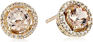 Amazon Collection 10K Rose Gold Morganite Round with Diamond Halo Stud Earrings (1/10 cttw)