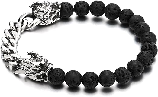 COOLSTEELANDBEYOND Curb Chain and 8MM Black Volcanic Lava Rock Stone Mens Beads Bracelet with Steel Dragon Heads