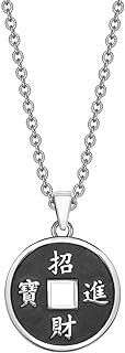 Feng Shui Lucky Coin Pendant Necklace - Antique Finish Stainless Steel Amulet - Fortune and Success Talisman with Lobster Clasp and 18-inch Link Chain