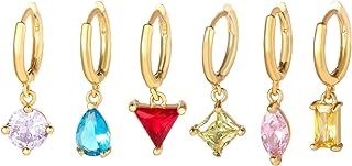 18K Gold Clip-On Cartilage Earrings with Zircon Gems for Women, Geometric Dangle Design, Hypoallergenic Brass, Versatile Pack for Multiple Piercing