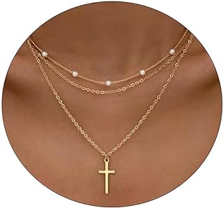 Tasiso Women's Cross Necklace - Layered, 14k Gold Plated, Cable Chain Choker with Lobster Clasp - Minimalist, Horizontal Sideways Design - Dainty, Trendy and Hypoallergenic Jewelry Gift, Made in USA
