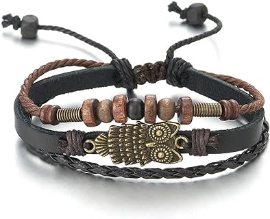 No-Clasp Multi-Strand Braided Leather Bracelet with Owl and Beads Charms, Unisex, Unique Design