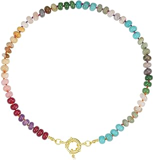 KissYan Beaded Gemstone Necklace for Women, Colorful Boho Bead Choker Necklace Natural Stone Freshwater Pearl Surfer Beach Necklace 14K Gold Plated Summer Handmade Jewelry