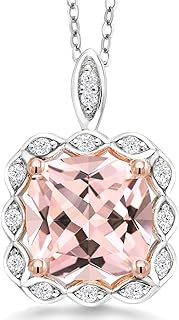 Spring Ring Clasp, Simulated Morganite Pendant Necklace for Women, 2-Tone Sterling Silver, Cable Chain - Peach Color, Cushion Cut, Nano Morganite