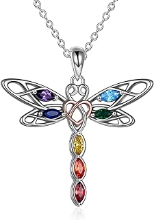 Chakra Pendant Necklace with Rolo Chain, Cubic Zirconia Gem, Ideal for Women - Sterling Silver Celtic Dragonfly Design