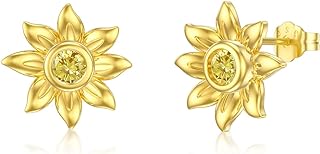 14k Solid Gold Sunflower Stud Earrings with Cubic Zirconia Gems & Push-Back for Women - Elegant Floral Design Fine Jewelry