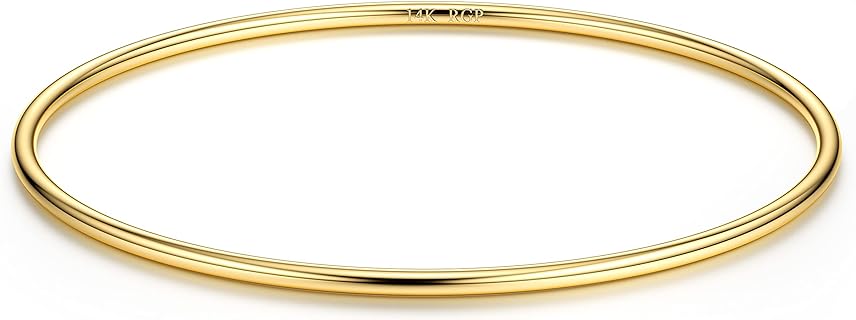 HAIAISO 2mm 14K Gold Plated Bracelet Stainless Steel Bangle Bracelet Stackable Thin Round Bangle Bracelet for Women Plain Polished Bracelet Couple Valentines Day Gifts