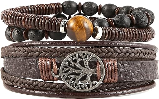 HZMAN Genuine Leather Tree of life Bracelets Men Women, Tiger Eye Natural Stone Lava Rock Beads Ethnic Tribal Elastic Bracelets Wristbands