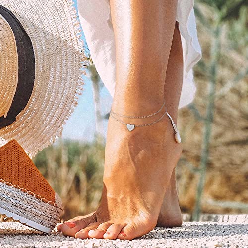 Silver Heart Initial Ankle Bracelets for Women, 14K White Gold Filled Handmade Dainty Layered Silver Anklet Letter Initial Heart Ankle Bracelets for Women Silver Summer Foot Beach Jewelry