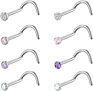 8PCS G23 Titanium Twist Screw Nose Studs 18G 20G Nose Rings 2mm 2.5mm 3mm Clear Pink Purple Aurora CZ Gold Nose Piercing Studs Nostril for Women Men Gilrs Boys