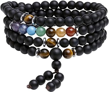 Agate Bead Chain 108 Mala Necklace with Spring Ring Clasp for Men and Women, Reiki 7 Chakra Healing Crystal Design