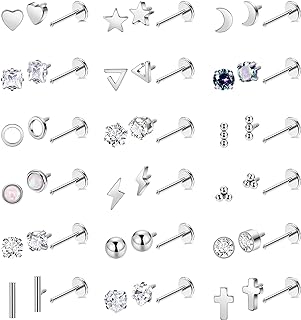 Vegolita 18Pairs 18G Titanium Stainless Steel Internal Thread Stud Earrings Set for Women Men Hypoallergenic Flat Back Cartilage Stud Earrings CZ Moon Star Heart Ball Helix Tragus Lobe Stud Earrings 6MM 8MM