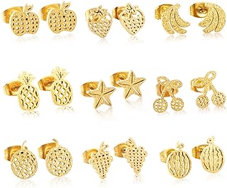 LUXU kisskids 3-9 Pairs Cute Fruit Pineapple Earrings Hypoallergenic Stainless Steel Stud Earrings for Girls Women Gold