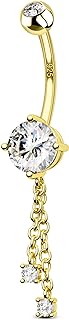 COCHARM 14K Gold Plated Belly Button Rings Dangling 925 Sterling Silver Belly Navel Rings Dangle Chain Belly Piercing Jewelry Hypoallergenic