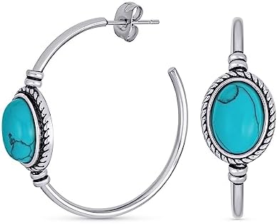 Western Style Oval Compressed Blue Turquoise Braid Edge Twisted Rope Large Hoop Earrings For Women Silver Tone Oxidized Stainless Steel 1.25 Inch Diameter Stud Back