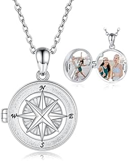 Compass Locket Necklace for Women - 925 Sterling Silver Holds Pictures Pendant Inspirational Graduation Jewelry Gift for Best Friends
