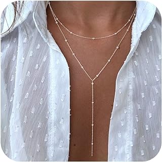 CHESKY Lariat Dainty Gold Necklace for Women, Trendy Y Beaded Necklace 14k Gold Plated/Silver Layered Bead Chain Drop Necklaces Simple Handmade Bar CZ Y-Shaped Pendant Necklace Jewelry Gift Wedding