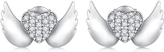 925 Sterling Silver Push-Back Angel Wing Heart Stud Earrings with Cubic Zirconia for Women