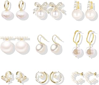 French Wire Backed 9-Pair Versatile Pearl Earrings Set for Women - Hoop, Huggie, Rhinestone Bow, Dangle Drop, and Heart-Shaped Designs - Elegant Gift for Girls and Ladies