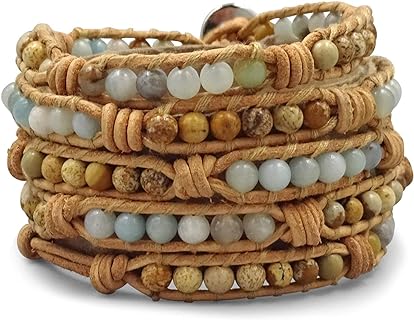 MGR MY GEMS ROCK! 35-Inch Long Multi-layer Hand Crafted Gemstone and Crystal Multi-stone Beaded on Genuine Leather Boho Style Stackable Super Wrap Bracelet, up to 5 Wraps.