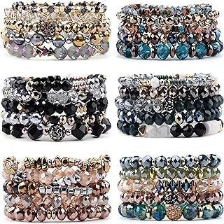 WAINIS 6 Sets Bohemian Beaded Stackable Bracelets for Women Stretch Multilayered Crystal Bracelet Set Multicolor Boho Glass Bead Bracelets Pack
