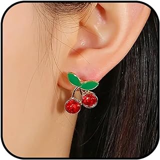 Women's Hypoallergenic Metal Cherry Stud Earrings with Green Leaf and Crystal Accents, Push-Back Design for Secure Fit - Ideal Summer Jewelry Gift