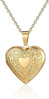 COLORFUL BLING Locket Picture Pendant Necklace,Vintage Engraved Flower Empaistic Carved Pattern Oval Round Heart Necklace