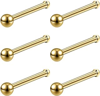 6pcs 20g Nose Studs 3mm Ball Flat Surgical Steel Nose Ring for Women Men Black Rose Gold Nose Stud L Shaped Corkscrew Nose Ring Studs Cute Nostril Nose Piercing Jewelry