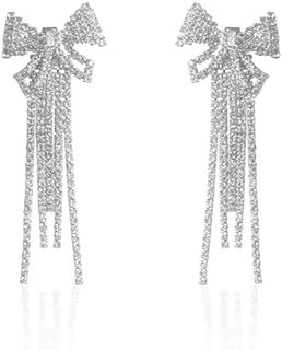 Chic Brass Bow and Crystal Drop Earrings with Elegant Long Tassels - Charming Statement Women's Accessory Ideal for Weddings and Parties