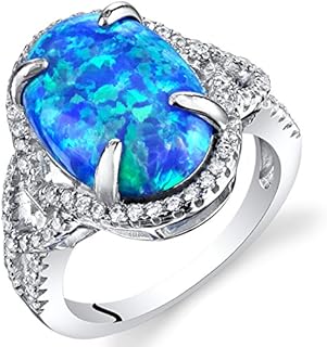 PEORA Created Blue Fire Opal Large Vintage Style Ring for Women 925 Sterling Silver, 2.25 Carats Oval Shape 14x10mm, Sizes 5 to 9
