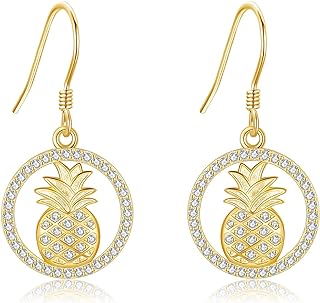 URONE Women's Sterling Silver Pineapple Stud Earrings with Cubic Zirconia Details - Gold Plated Hawaiian Summer Style Jewelry Gift