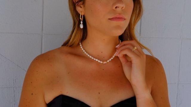 Pink Baguette Pearl Choker Necklace 16'' | Baguette Cubic Zirconia Charm Pendant Necklace Adjustable