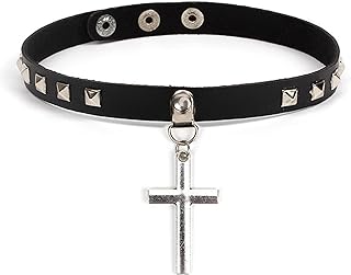 Olbye Cross Short Choker Necklace Black Leather Spike Studded Collar Necklace Goth Prayer Necklaces Punk PU Necklace Jewelry for Women and Girls Religious Necklaces