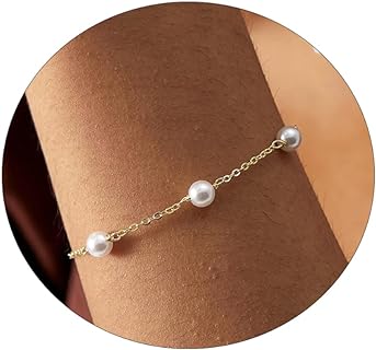 Lobster Claw Clasp Mother of Pearl Bangle Bracelet - Link Chain Design for Women - No Gemstone - Dainty Beaded Brass Jewelry
