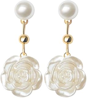 coadipress White Flower Dangle Earrings for Women Girls Pearl Flower Drop Earrings Dainty Camellia Pear Stud Earrings Charm Bride Wedding Jewelry Gift