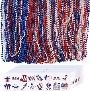 155 Pack Bulk Metallic Patriotic Red White Blue Beaded Necklace Jewelry and Patriotic Temporary Tattoos Toy Assortment Party Favor Supplies for 4th of July Independence Day Patriotic Parade Giveaways