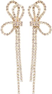 Zircon Encrusted Sterling Silver & Alloy Bow Dangle Stud Earrings with Push Back for Women, Rhinestone Design