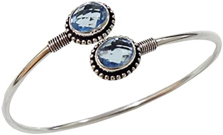 Blue Topaz Gemstone Adjustable Fashion Bracelet For Women Ethnic Modern Design Silver Plated Cuff Bracelet Handmade Designer Party Jewelry November Birthstone