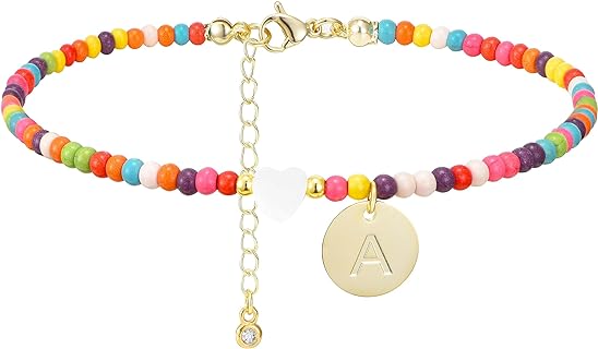Personalized Beaded Ankle Bracelet with Lobster Claw Clasp and Cubic Zirconia for Women - Stainless Steel & Metal 14K Gold Lettered Initial Heart Design, Beach Foot Jewelry Gift