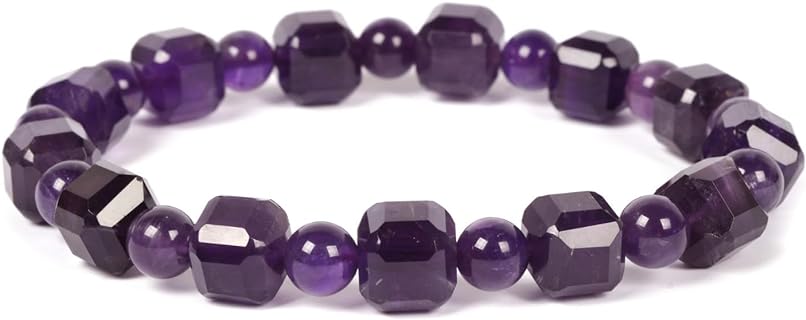 JustinStones Unisex Amethyst Bead Bracelet with Diamond-Cut Cubic Dice & Round Beads Design, Stretchable
