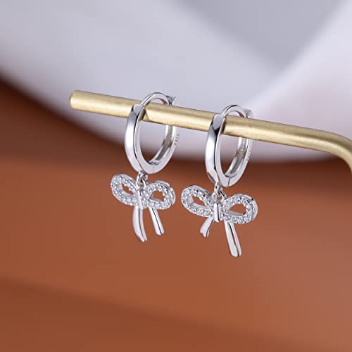 Reffeer Solid 925 Sterling Silver Bow Drop Hoop Earrings for Women Girls Bowknot Hoop Earrings Huggies