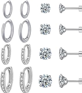 KANOUE Cartilages Earrings Stud Set for Multiple Piercing Small Huggie Small Hoop Titanium Earrings for Women Trendy Men Flat Back Tiny Cubic Zirconia Stud Hypoallergenic