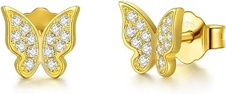 Solid 18K Gold Over 925 Sterling Silver Stud Earrings, Cubic Zirconia Butterfly Stud Earrings/Silver Earrings, Gold Earrings for Women