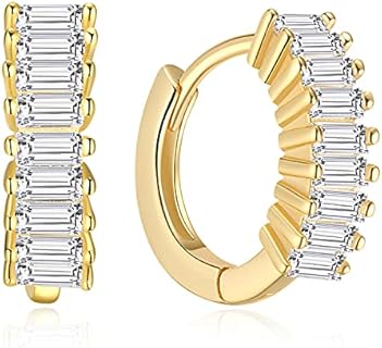Baguette CZ Hoop Earrings | Sterling Silver Small Gold Hoops 10mm | Everyday Minimalist Earlobe or Cartilage Second Hole Earrings